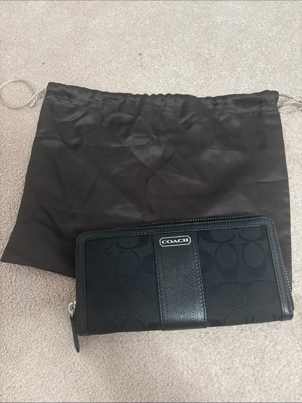Coach Black Signature Zip Wallet with Silver Logo